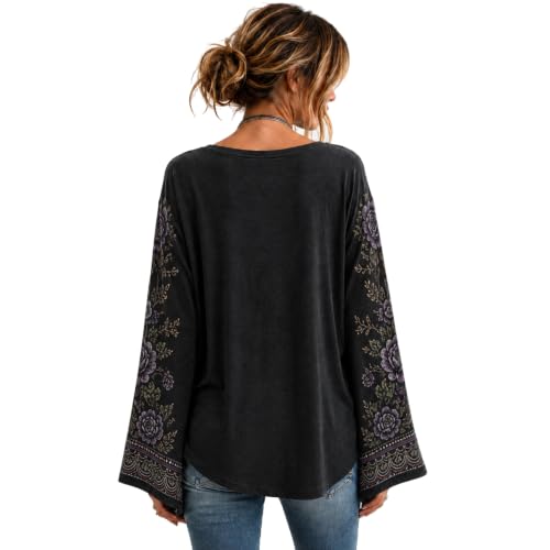 Womens Halloween Shirts Skeleton Shirt Floral Graphic Bell Sleeve Top - image 6