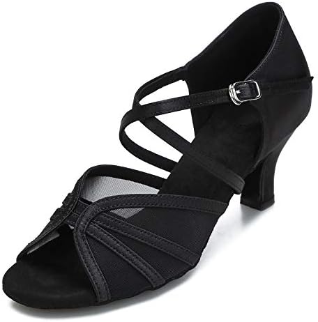 CLEECLI Women's Ballroom Dance Shoes Latin Salsa Dancing Shoes Cross Strap 2.5inch 3inch Heel ZB04(8.5,Black-2.5 Inch Heel)