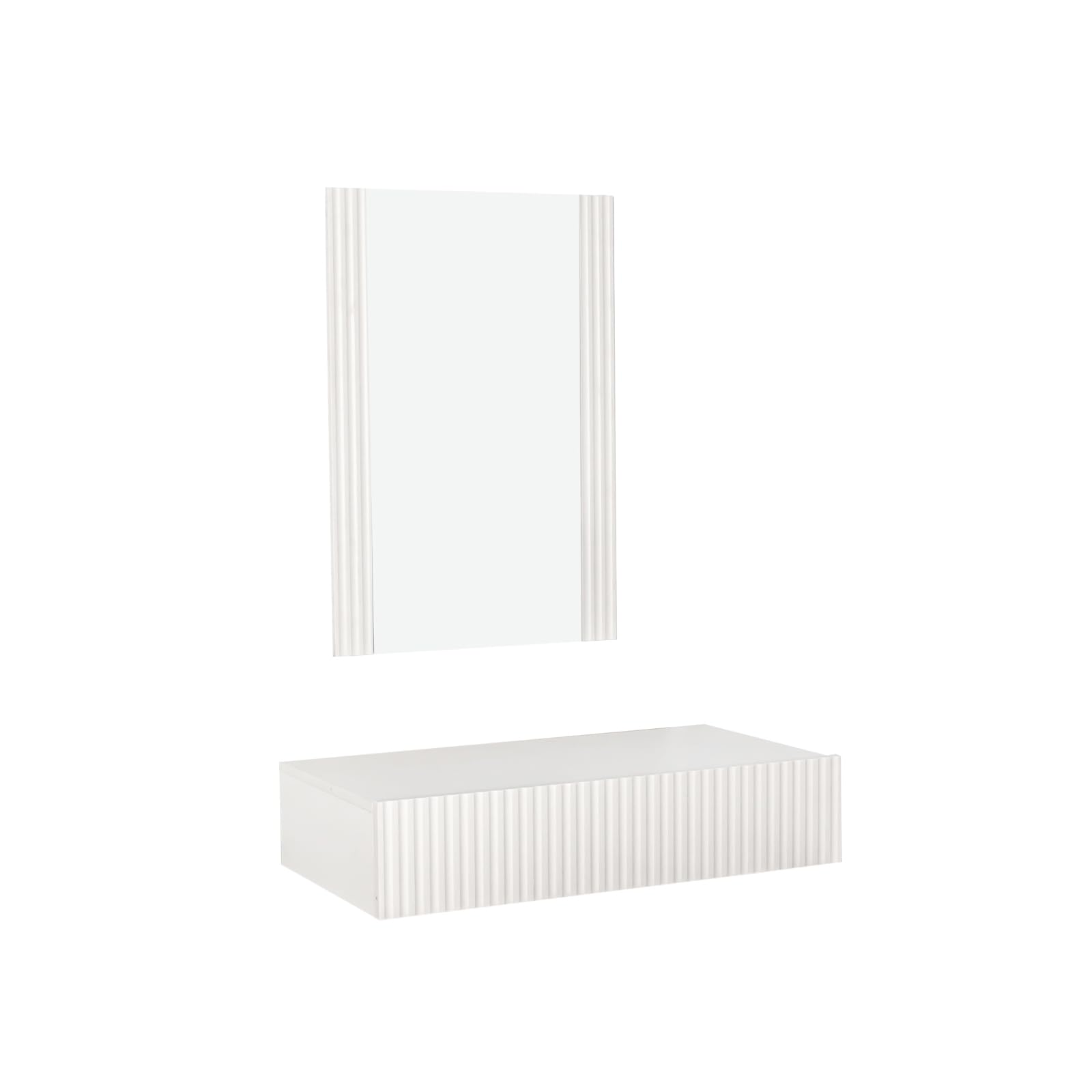 MB Muebles Bonitos, Toeletta Sospesa con Specchio Velia, Toeletta con Cassetto, Design a Scanalature, Melaminico e PVC, Colore Bianco, Ideale per Camera da Letto