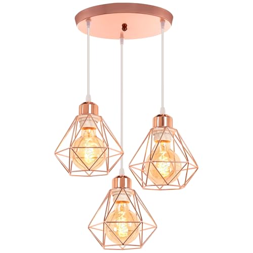 TOKIUS 3-flammig Pendelleuchte Retro Hängelampe mit Geometrischem Design 16CM Lampenschirm E27 Lampe aus Eisen Käfig Roségold Hängeleuchte für Schlafzimmer Küche (Pendellampe, Rondell)