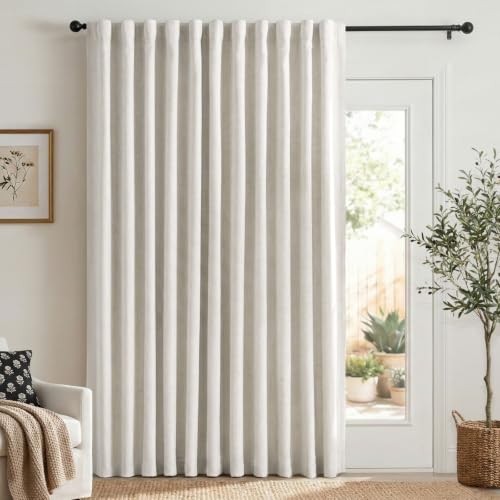 Image of Linen Textured Total Blackout Sliding Door Curtains 84 Inches Long, Beige