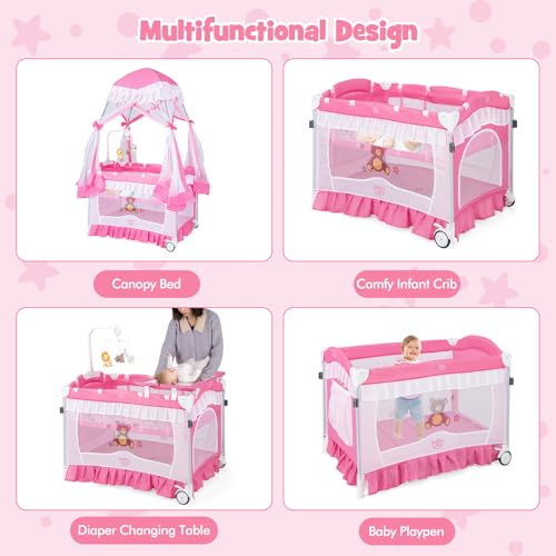 Image of BABY JOY 4 in 1 Pack and Play with Canopy, Portable Baby Playard with Bassinet, Double-Layer Baby Crib, Wheels & Brake, Foldable Baby Girl Pink Princess Bassinet from Newborn to Toddler