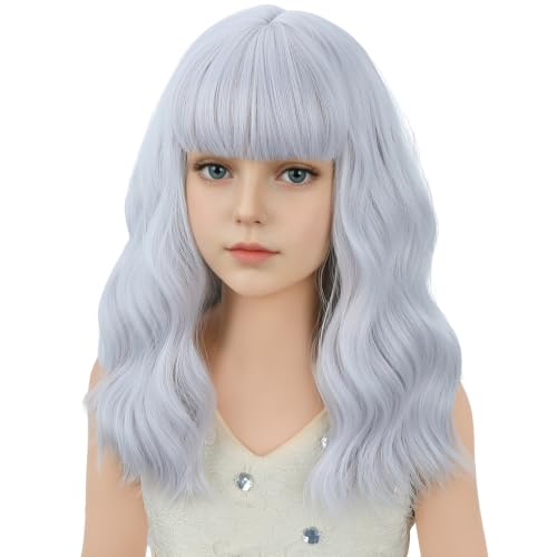 Image of Silver White Wig Short White Wavy Curly Wigs Wig with Air Bangs Synthetic Cosplay Hair Wigs