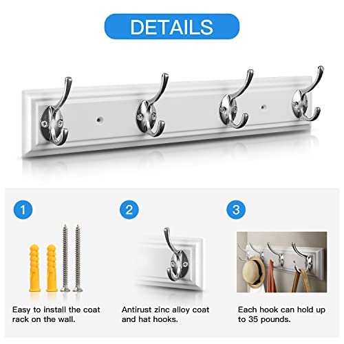 Coat Rack Wall Mounted White, 17" Wooden Modern Wall Coat Hanger With 4 Hooks, Heavy Duty Zinc Alloy Wall Hook Rack For Hanging Coats, Keys, Bags, Keys, Perfect Touch For Bedroom Bathroom Kitchen #TOP4