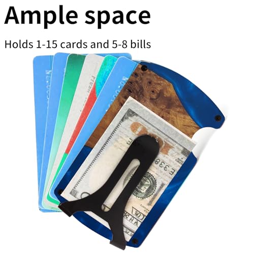 Image of Minimalist Wallet for Men, Slim Metal RFID Blocking Wallet Credit Card Holder Money Clip & Cash Strap, Scratch-Resistant Holds 15 Cards,Ideal Gift for Men | Resin Wood, Unique Pattern ,Dark Blue
