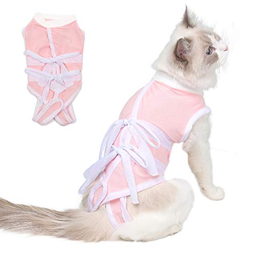 猫 術後服 猫用 術後ウェア ペット避妊手術 傷口の保護 傷舐め防止 エリザベスカラーに代わる 皮膚保護 (L, ピンク1)