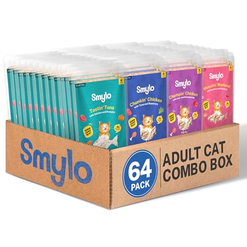 Image of Smylo Natural Healthy Adult Cat Wet Food (1+ Yrs) 70g x 64 Packs | Variety Combo of Chicken, Tuna, Mackerel and Chicken & Tuna Recipes | Grain Free, No Preservatives & by-Products | Vet-Formulated