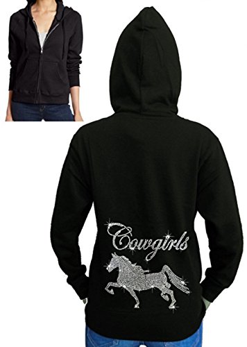 Juniors Cowgirl Horse Rhinestone Fleece Zipper Hoodie Black S-2XL (S (Juniors), Black)