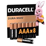 Duracell Pilhas Alcalinas AAA Palito Pack 8 Unidades – Dura Mais – Ideal para Controles Remotos Brinquedos e Lanternas