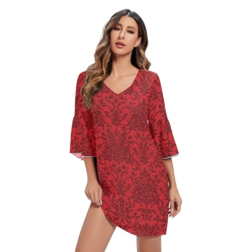 Robe en mousseline de soie rouge premium au design floral baroque avec finitions haute couture