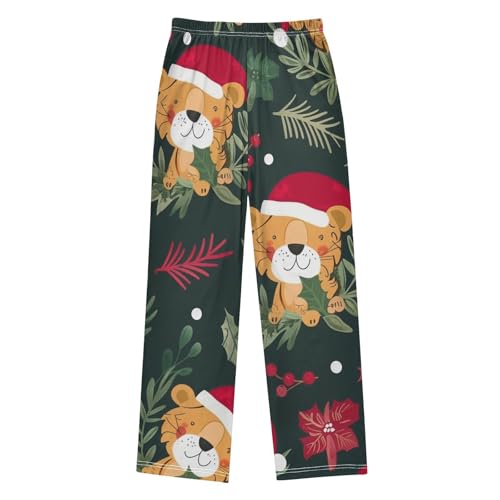Xmas Tiger Pine Branches Boys Long Pants Soft Trousers Elastic Waist Kids Lounge Bottoms with Pockets S-XL2