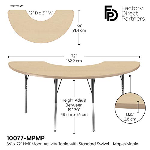 Image of FDP Half Moon Activity School and Office Table (36 x 72 inch), Standard Legs with Swivel Glides for Collaborative Seating Environments, Adjustable Height 19-30 inches - Maple Top and Maple Edge