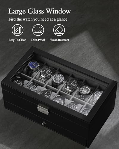 GUKA Watch Box 12 Slot Watch Display Organizer Leather Jewelry Case Drawer Glass Birthday for Men Women, Child Husband Dad3
