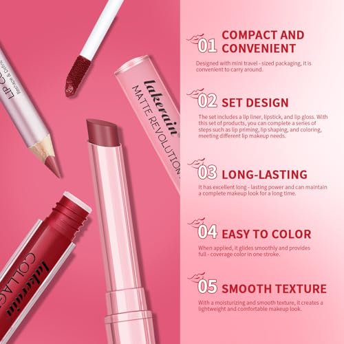 Image of 3PCS Lip Liner and Lipstick Combo Set - Matte Lip Liner Pencil, Velvet Matte Lipstick & Hydrating Collagen Lip Gloss - Long-Lasting, Smudge-Proof, High Pigment Nude Pink Lip Makeup Kit (Nude Pink)