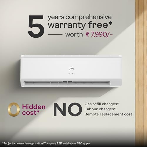 Image of Godrej 1 Ton 5 Star| New Star rated| Inverter Split AC| 5 Years Comprehensive Warranty| AI Powered| 5-in-1 Convertible| Heavy-Duty Cooling at 52 C (AC 1.0T EC HIC 12J5TG WA,White)