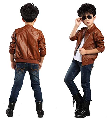 Boys Trendy Stand Collar PU Leather Moto Jacket - Winter Warm Lined Coat with Zipper Closure for Kids (Age 3-12)3