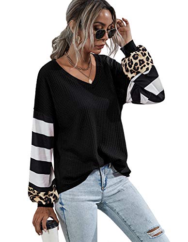 Youdiao Womens V Neck Tops Long Sleeve Shirts Waffle Knit Blouse Casual Loose Oversized Pullover Sweatshirt Black M