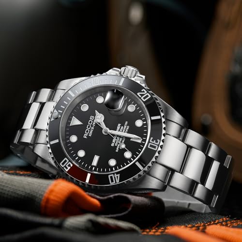 Image of ROCOSJEWE Men Analogue Silver Band Automatic Mechanical Watch Black /Green Dial Ceramic Bezel Waterproof Wristwatch Luminous Calendar Display Stainless Steel Adjustable Strap Gifts R0158Green