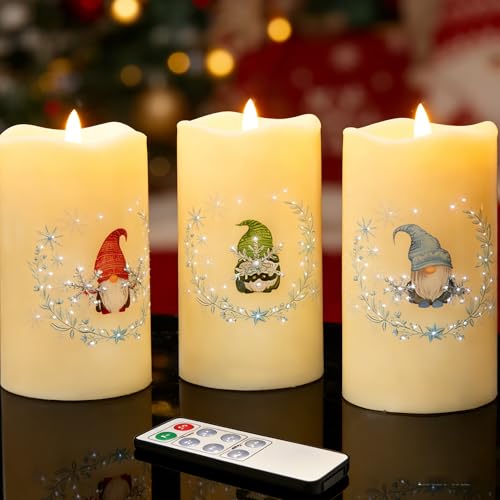 Image of Eywamage Gnomes Christmas Fiber Optic Flameless Candles with Remote, Snowflakes Flickering LED Battery Pillar Candles Set of 3