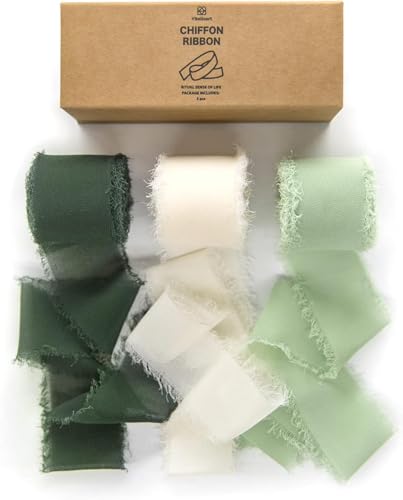Vitalizart Chiffon Silky Ribbon 3 Rolls 1.5'' x 7 Yd Green & Cream