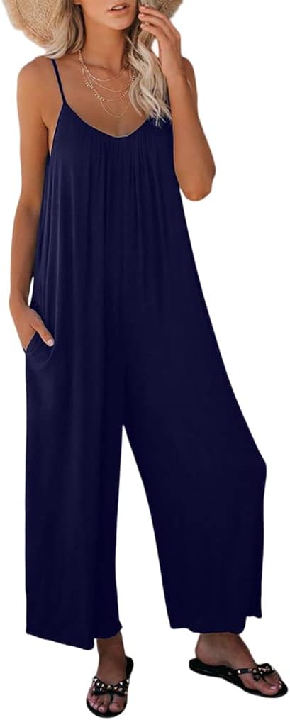 Salopette Femme Élégant Curvy Pantalon De Combinaison Femme Baggy Overall Sans Manches Col En V Complet Jambe Large Longue Combinaisons Femme Élégant Chic Rompers Robe Casual Cocktail, Noir , S - 11