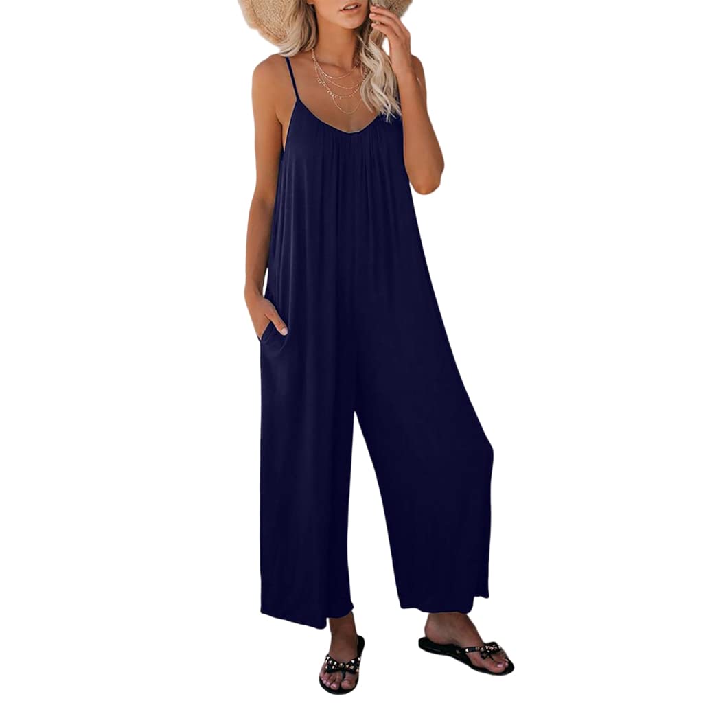 Salopette Femme Élégant Curvy Pantalon De Combinaison Femme Baggy Overall Sans Manches Col En V Complet Jambe Large Longue Combinaisons Femme Élégant Chic Rompers Robe Casual Cocktail, Noir , S - 3