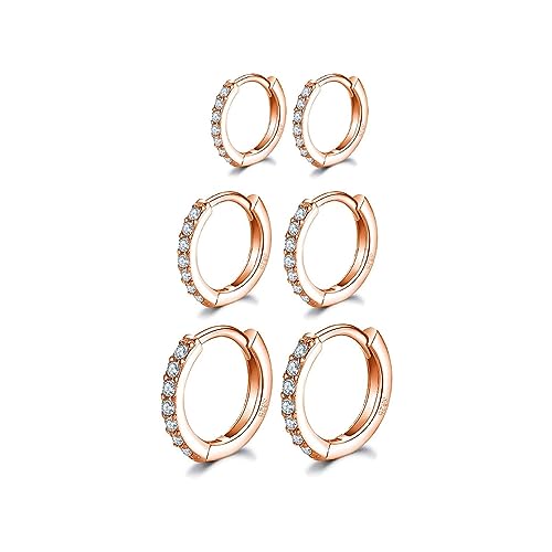 14K Rose Gold Plated Hoop Earrings 925 Sterling Silver Post Rose Gold Hoop Earrings with AAA Cubic Zirconia 3 Pairs Small Sleeper Hoops Huggie Hinged Earrings (8/10/12mm)