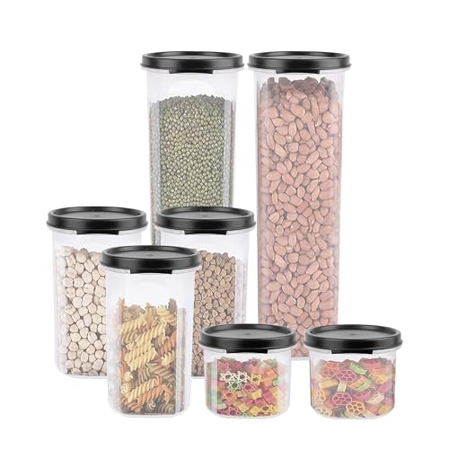 Image of Cutting EDGE Smart Slim Storage Airtight Container-Black,Set of 7 | Plastic material, size - 2x1.1L+3x585ml+2x250ml , pantry organization, pulses storage, grains storage, kitchen Storage