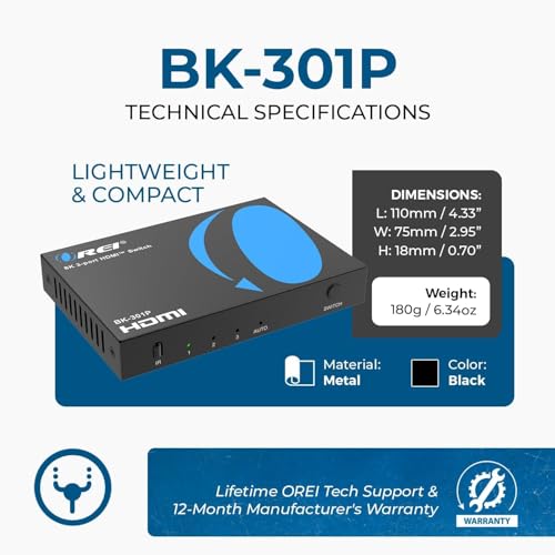 Image of OREI 8K 3-Port HDMI 2.1 Switch, 3-in 1-Out, 8K@60Hz, Manual & Auto Switch | hdmi switch with remote, hdmi switch 4k 120hz, HDR10+, Dolby Vision, VRR, ALLM, CEC, PS5 /Xbox compatible
