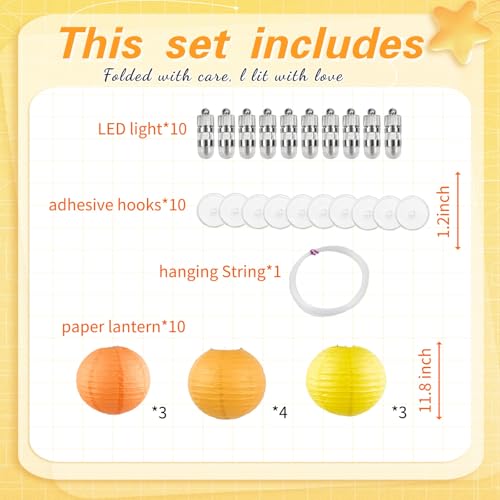 Image of Yellow Chinese Paper Lanterns with LED Lights, 10-Pack 12inch | Hanging Lights in Yellow & Orange for Fall Festival, Thanksgiving, Birthday Decorations, Ceiling Decor & Home Party