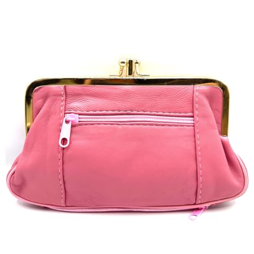 Charmoni - Grande Portefeuille Porte Monnaie Femme - à Fermeture clic clac Fermoir - Poche zippée - en Cuir d'agneau (Rose)