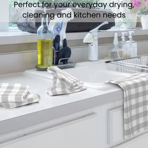Linen Hub Set Of 12 Cotton Kitchen Dish Towels 16X26, Absorbent Durable Washable Tea Towels, Restaurant Cleaning Towels, Buffalo Plaid Check Kitchen Towels With Hanging Loop, Grey White #TOP4