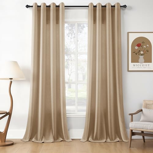 Image of Sand Beige Linen Curtains 84 Inches Long for Living Room Grommet Top Design Light Filtering Breathable Sheer Curtain Modern Farmhouse Semi Sheer Privacy Drapes for Bedroom Dining Room 52X84, 2 Panel