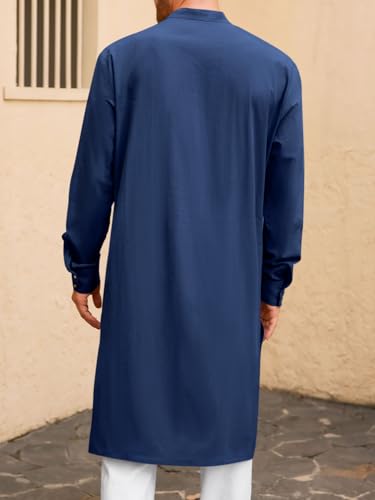 Image of Runcati Mens Kaftan Robe Button Down Long Sleeve Cotton Linen Thobe Casual Muslim Gown Henley Shirt