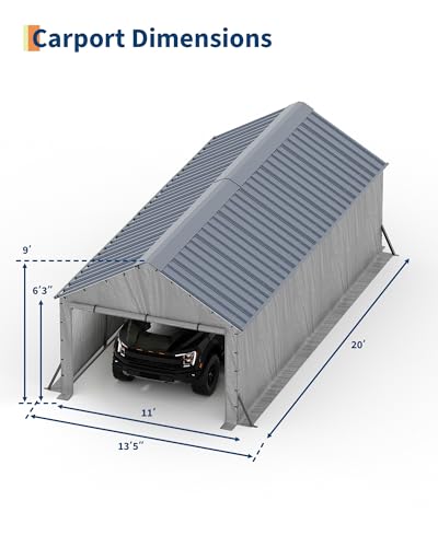 Image of GarveeLife 11'x20'x9' Vertical Roof Metal Carport, Enclosed Car Ports with Heavy Duty Steel Frame, for All-Weather, for Full-Size Pickup Trucks, Boats, and Tractors