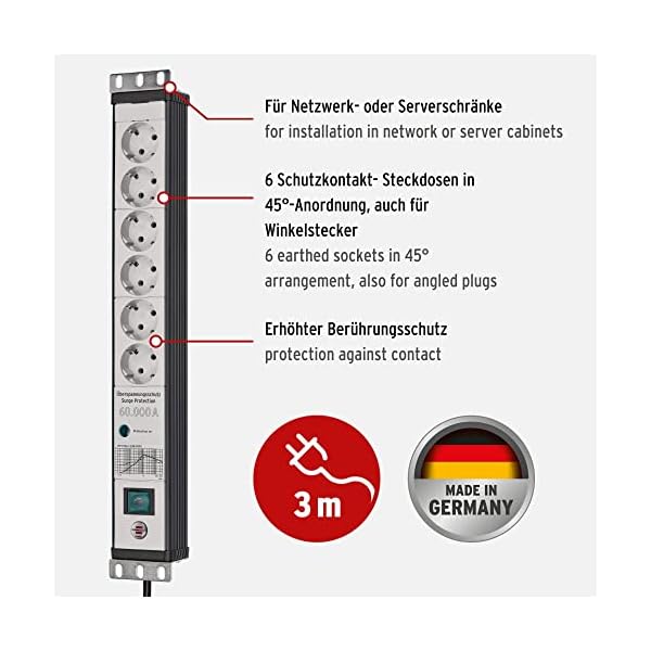 Brennenstuhl Premium-Line Steckdosenleiste 6-Fach mit Überspannungsschutz 60.000 A (Mehrfachsteckdose im 19" Format, 3m Kabel, mit Schalter, Made in Germany) schwarz/grau – Bild 3