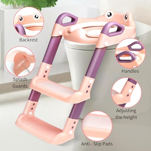 Toilettensitz Kinder mit Treppe, Toilettentrainer für Kinder, 2 IN 1 Toilettentrainer mit Treppe für Jungen und Mädchen, WC Sitz mit PU Gepolsterter Höhenverstellbar & Faltbar, Rutschfest (Rosa)