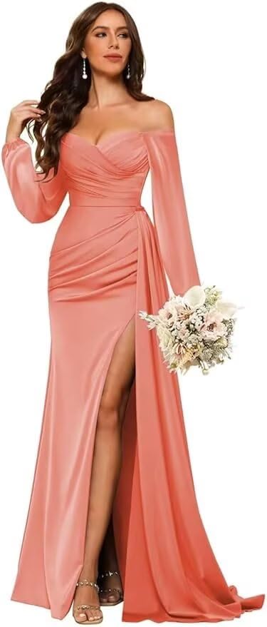 Women's Off Shoulder Long Sleeve Bridesmaid Dresses with Slit Satin Formal Prom Dress VS129