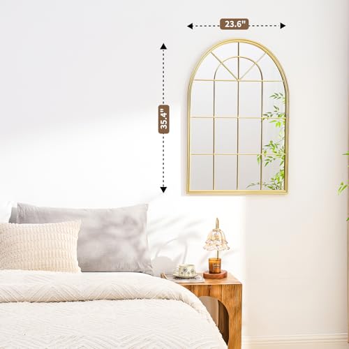 Image of Uniclinens Window Mirrors for Wall Decor - Large Gold Farmhouse Arched Window Pane Mirror for Wall Decor Living Room, Gorgeous for Entryway, Fireplace, Hallway,Dining Room,36 inchX24 inch