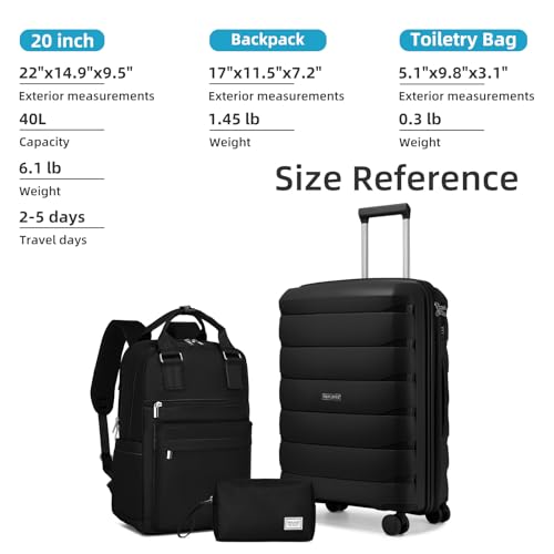 Image of Carry On Luggage 22x14x9 Airline Approved, 22 Inch PP Hardshell Luggage Carry-on Suitcase with Spinner Wheels, Carry On Suitcase Set for Women (Black)