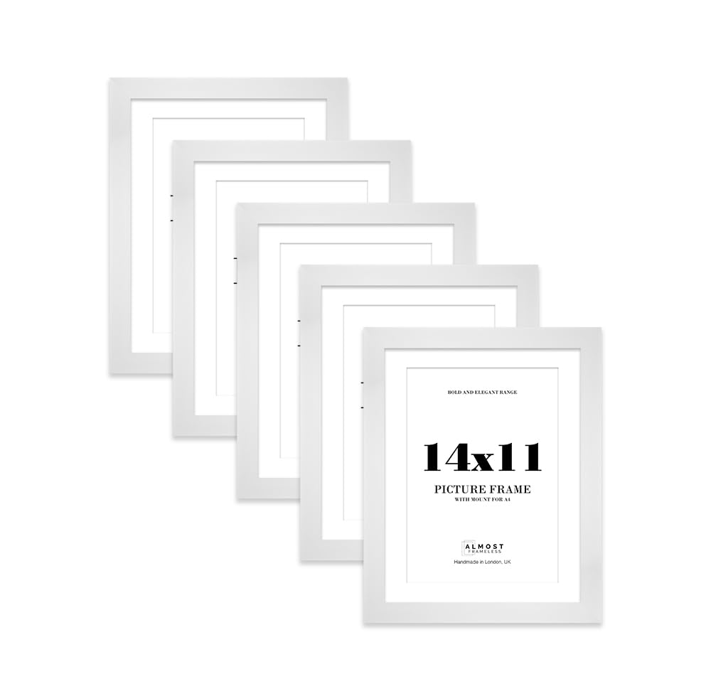 14x11 White Frame With Mount for A4 Pictures 28mm Edge Portrait and Landscape Display with Wall Hooks and Kickstand, 5 Pack