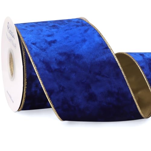 Image of Ribbli Royal Blue Velvet Wired Ribbon 4 Inch Metallic Blue Gold Crushed Velvet Christmas Ribbon for Gift Wrapping Christmas Tree Decoration Crafts Wreaths Supplies-Continuous 10 Yards