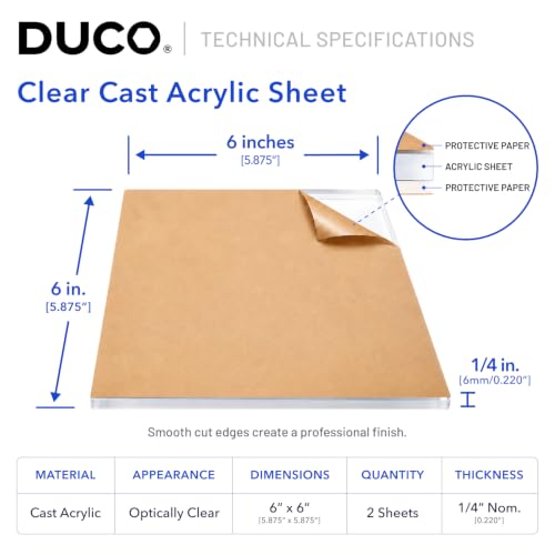 Image of Duco 1 /4 inch Clear Cast Acrylic Sheets, 6 inchx6 inch Plexiglass Sheets, 2 Pack