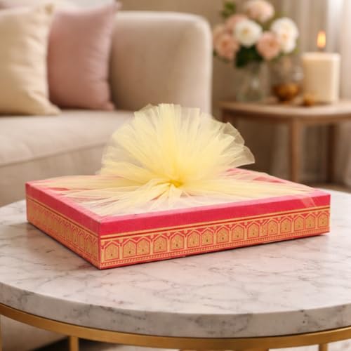Image of SATYAM KRAFT 6 Pcs Multipurpose Decorative Folding Gift Box | Premium Paper Tray with Net for Wedding Return Gifts, Shaadi /Marriage, Anniversary, Hampers, Festive Gift Packaging (Dark Pink)
