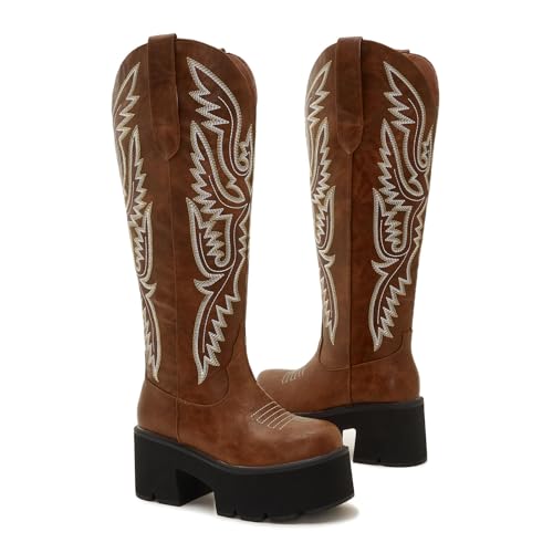 Image of Uillnoodu Women's Red Platform Cowgirl Boots with Zipper - Western Knee-High Chunky Sole Cowboy Boots