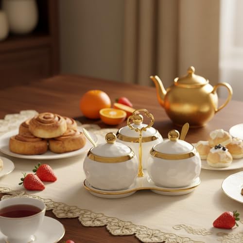 ZENFUN Set of 3 Ceramic Condiment Pots with Trays, Condiment Jars Containers with Lids and Spoons, Porcelain Sugar Salt Bowls Set, White Spice Seasoning Box for Kitchen, Restaurant, Counter, Home by ZENFUN - Used condition - Image 5