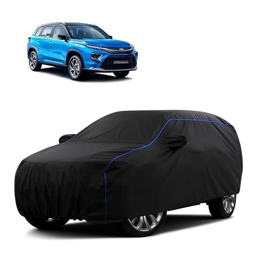 Image of Sulfar 100% Water Resistant Car Body Cover Compatible with Mirror for Toyota Urban Cruiser Hyryder (Triple Stitched, Full Bottom Elastic, Black Tafetta with Blue Piping)