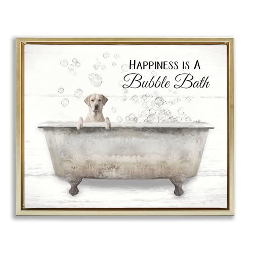 Image of 'Happiness Is A Bubble Bath Dog'| Floating Frame Canvas Art | Stupell Industries | Gold, 31 x 25 Inches, Easy to Hang and Sturdy, Made in USA, by Lori Deiter