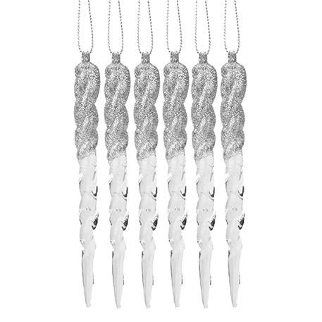 Blancanieves 6 Pack 12 cm acrílico y purpurina carámbanos decoración del árbol de Navidad - plata