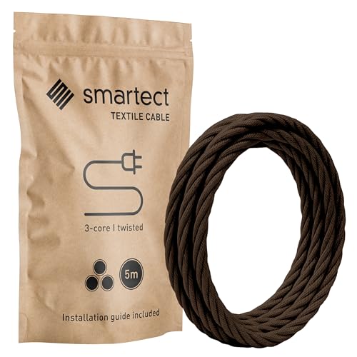 smartect Cable Textil Trenzado en Color Marrón, Cable Electrico 3 Hilos de 5 Metros (3 x 0,75 mm²) Cuerda para Lampara con Revestimiento Textil para su Proyecto DIY